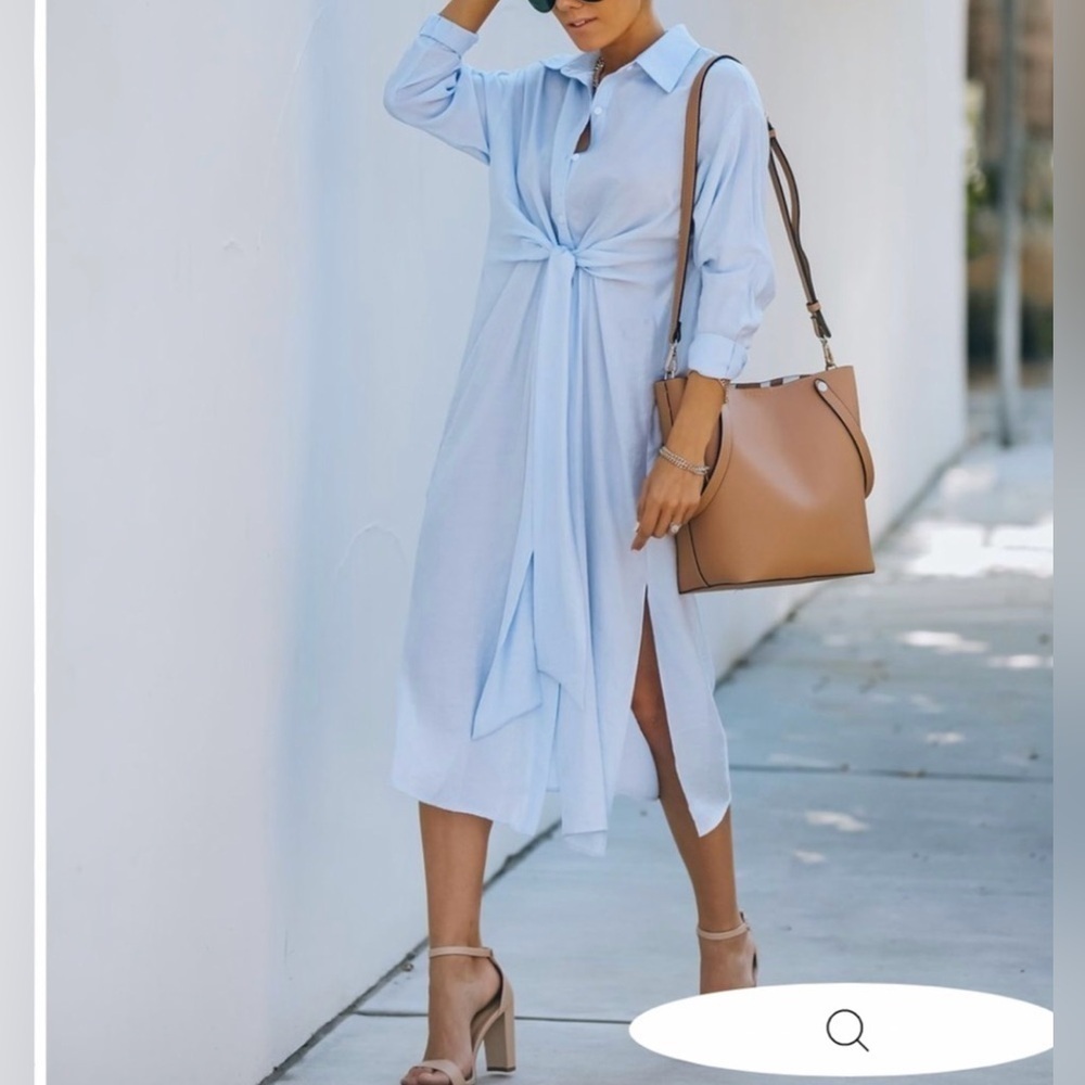 AEOM Vici Blue Sun Valley Tie Front Maxi Shirt Dress NWT Small - Picture 3 of 13